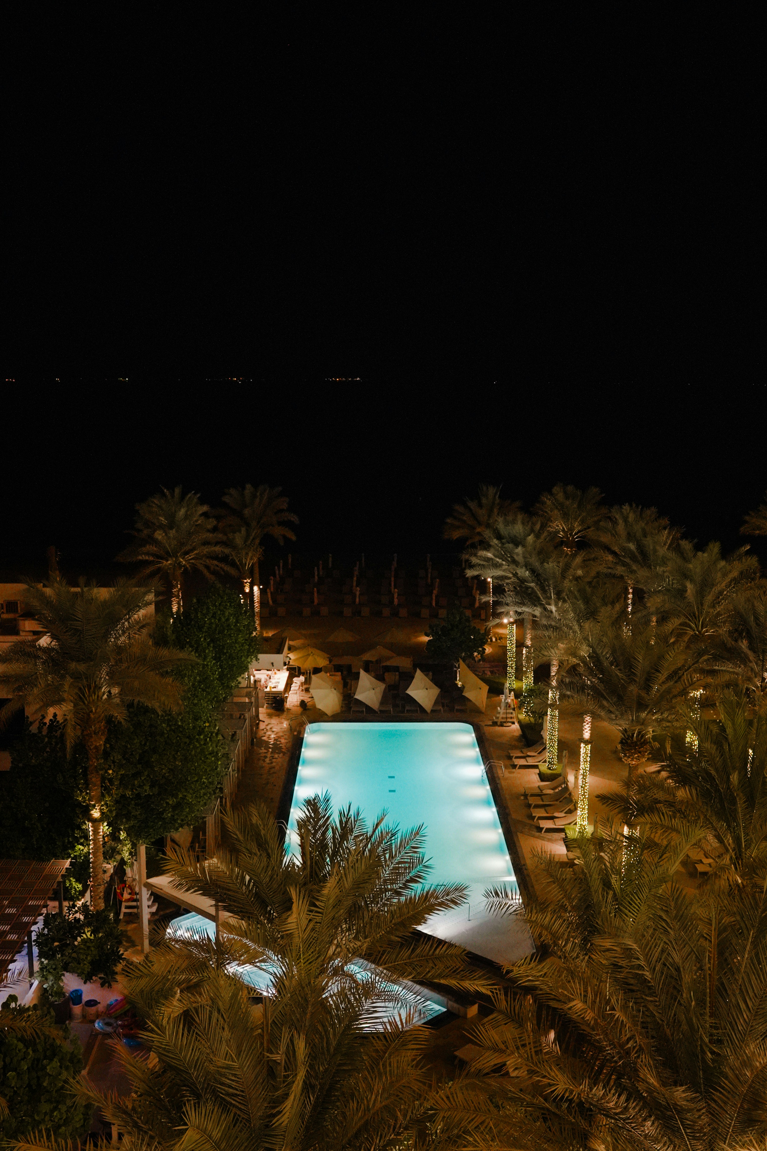 Hotel terrace and pool at golden hour